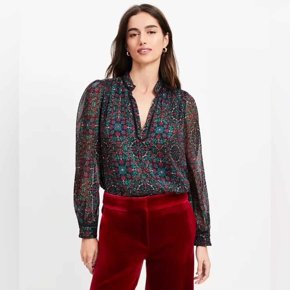 LOFT Velvet Trim Ornamental Floral Split Neck Blouse in medium
